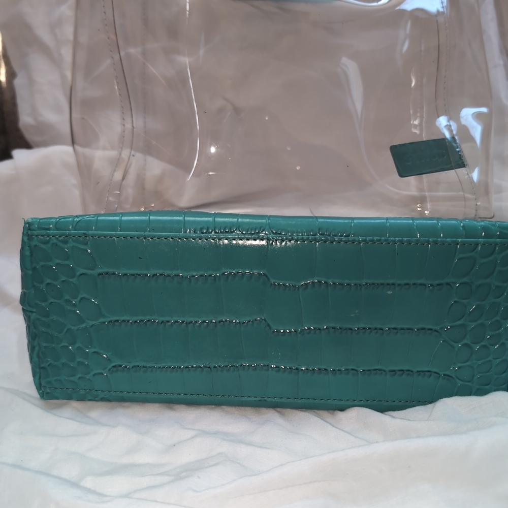 STAUD Teal Croc-Embossed Tote with Clear Overlay - Picture 3 of 5
